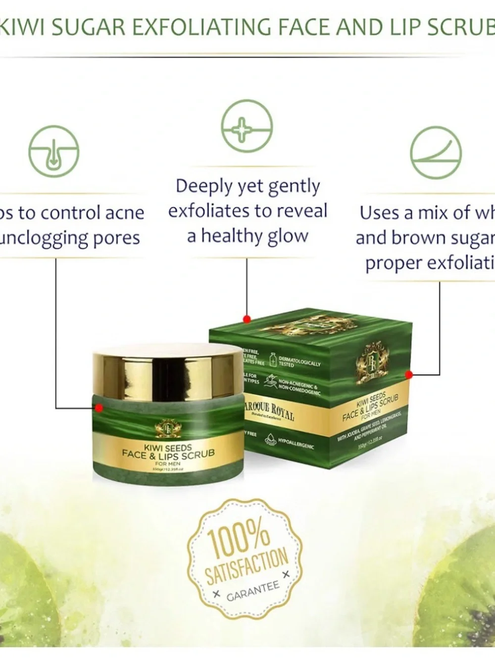 Baroque Royal Kiwi Sugar Exfoliating Face and Lip Scrub for Men, Natural Facial